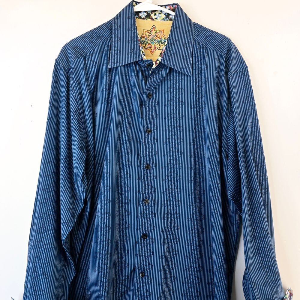 Robert Graham Mens XL Blue‎ Striped Dress Shirt Geometric Cuff Trim Silk Blend - Picture 15 of 15
